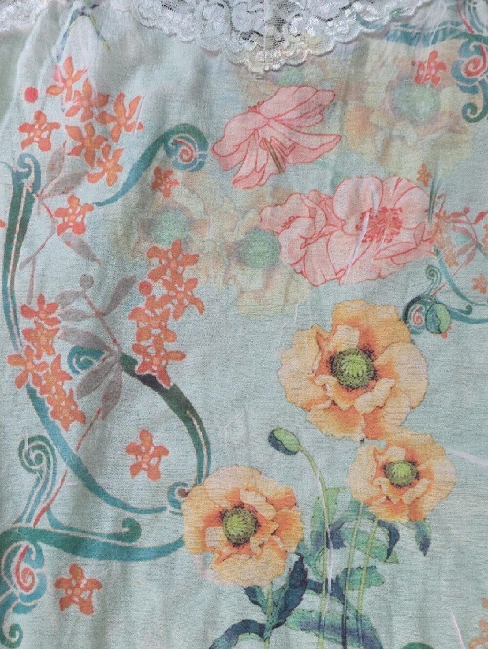Floral Lace-Trim Long Mint Floral Lace Camisole Night Gown Adj Straps M/L New - Picture 2 of 7